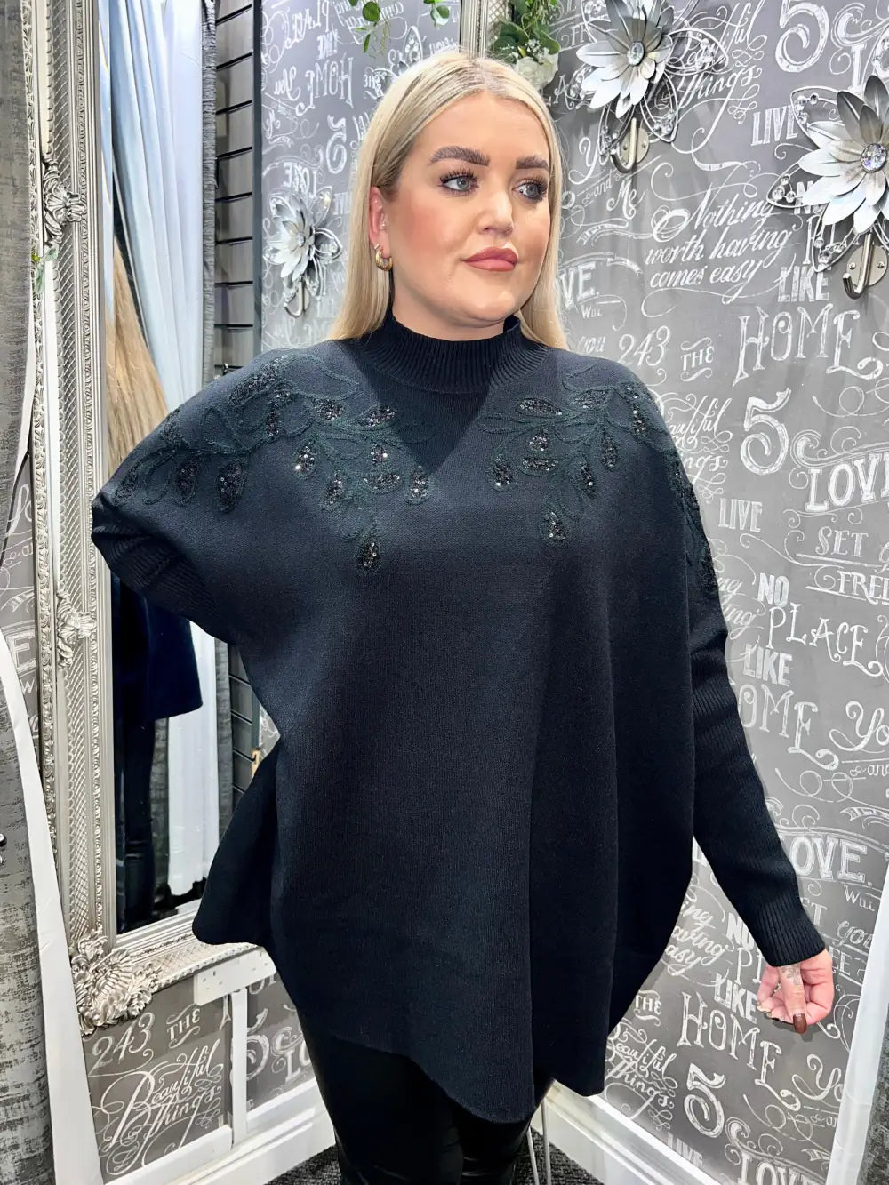 Staci Sequin Leaf Design Jumper BLACK