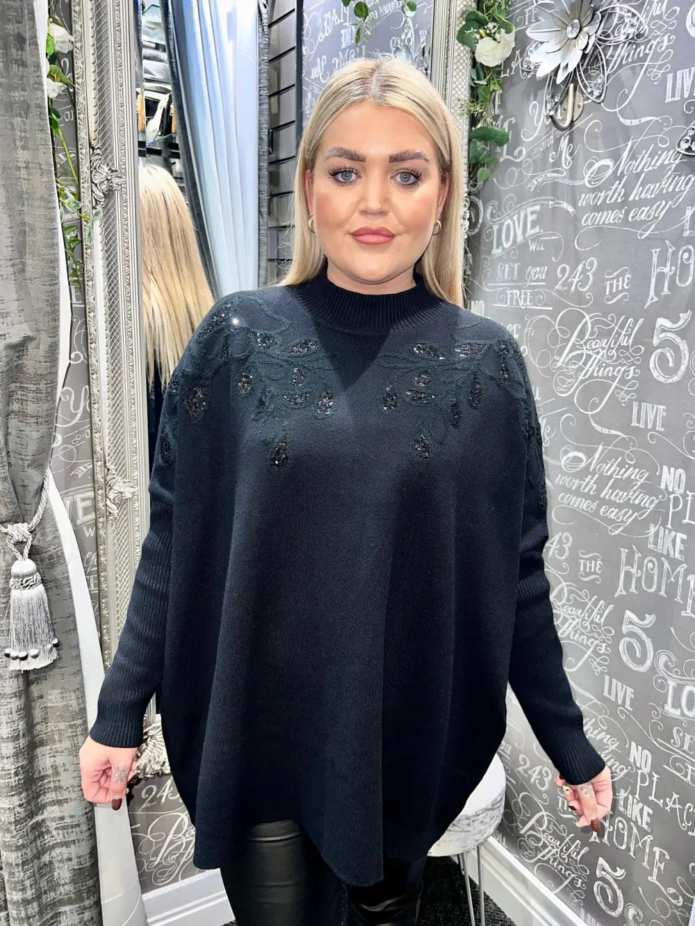 Staci Sequin Leaf Design Jumper BLACK