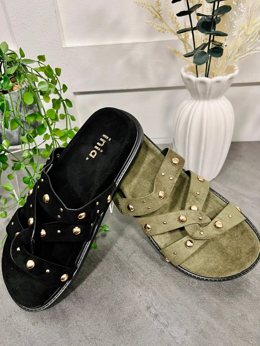 Tara Gold Stud Sandals KHAKI