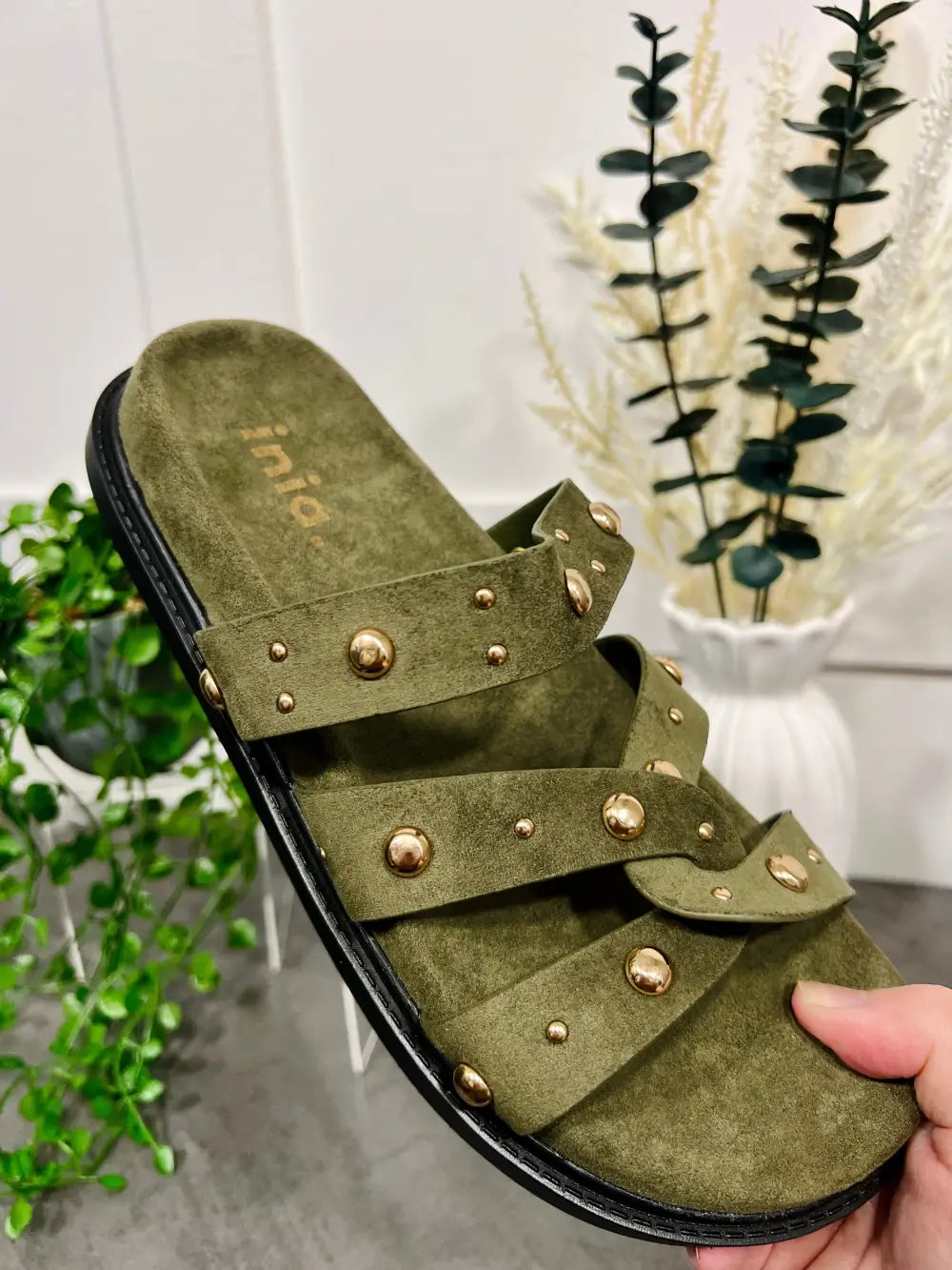 Tara Gold Stud Sandals KHAKI