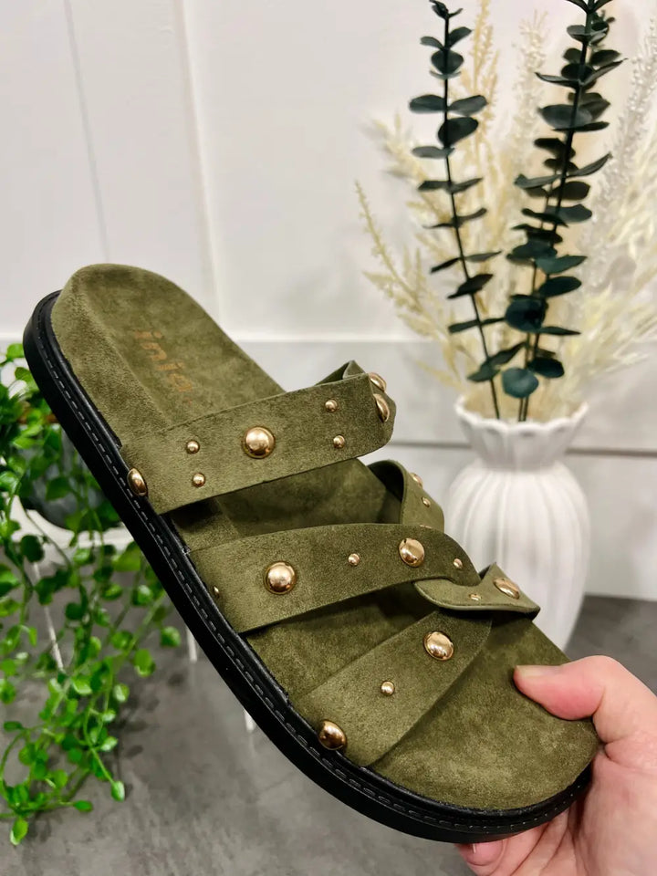 Tara Gold Stud Sandals KHAKI