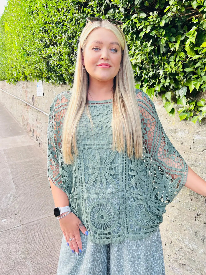 Teagan Floral Crochet and Vest KHAKI
