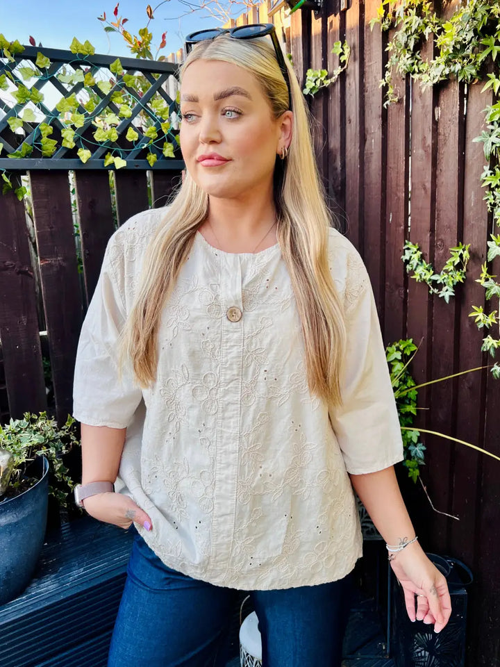 Terri Floral Embroidered Top STONE