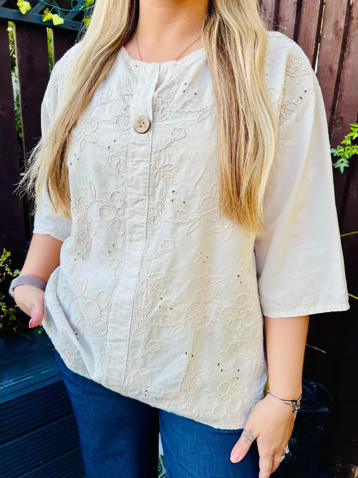 Terri Floral Embroidered Top STONE