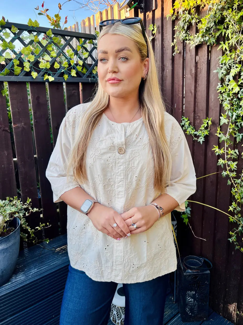 Terri Floral Embroidered Top STONE