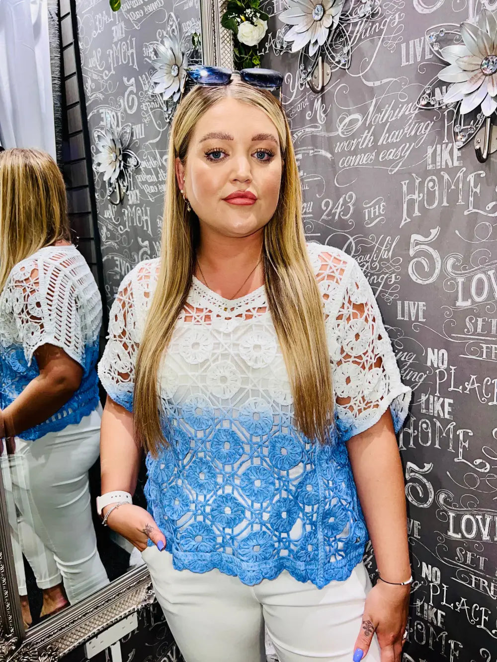 Tess Floral Crochet Top DENIM BLUE