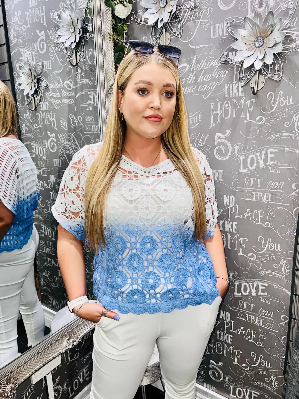 Tess Floral Crochet Top DENIM BLUE