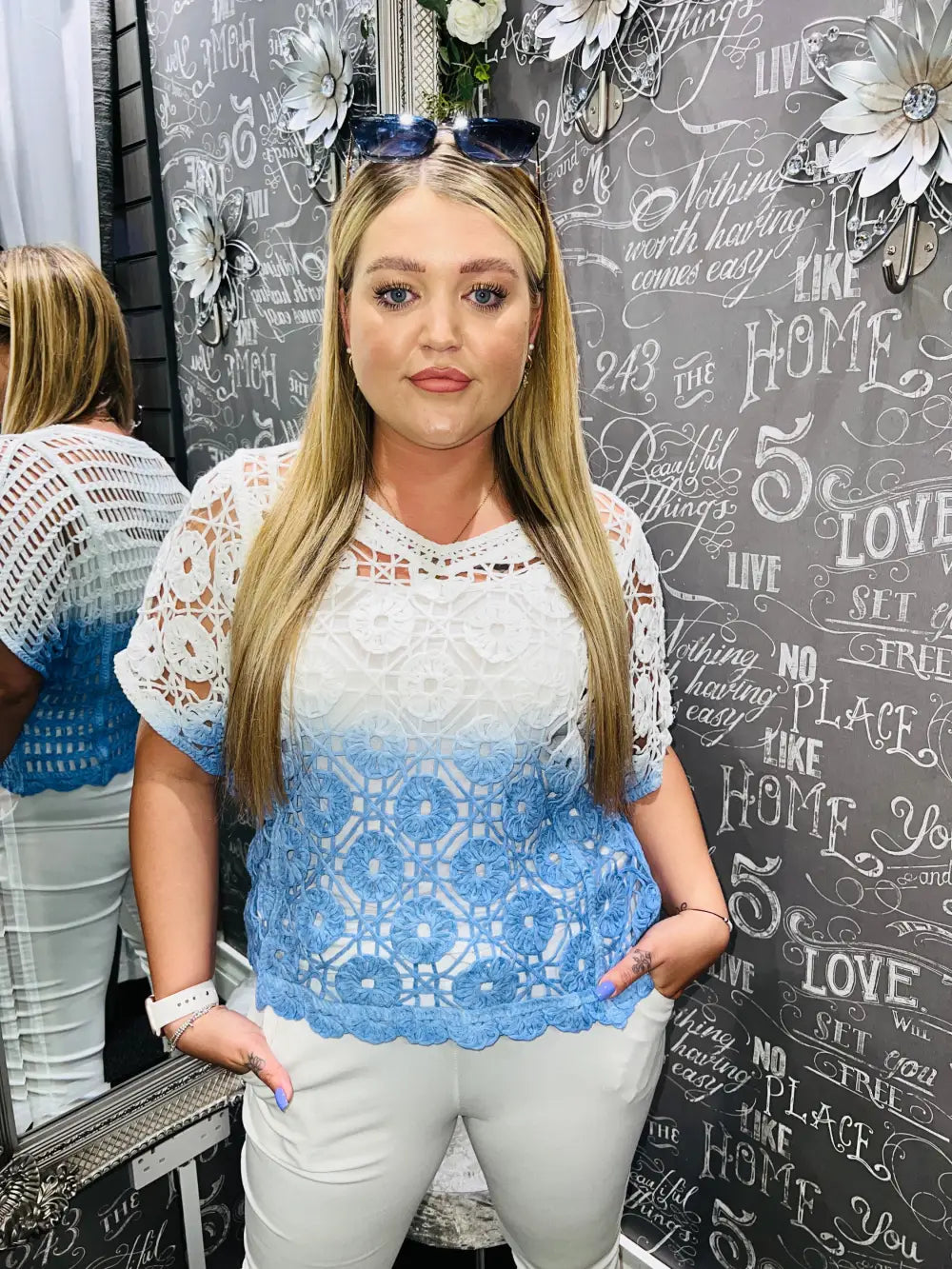 Tess Floral Crochet Top DENIM BLUE