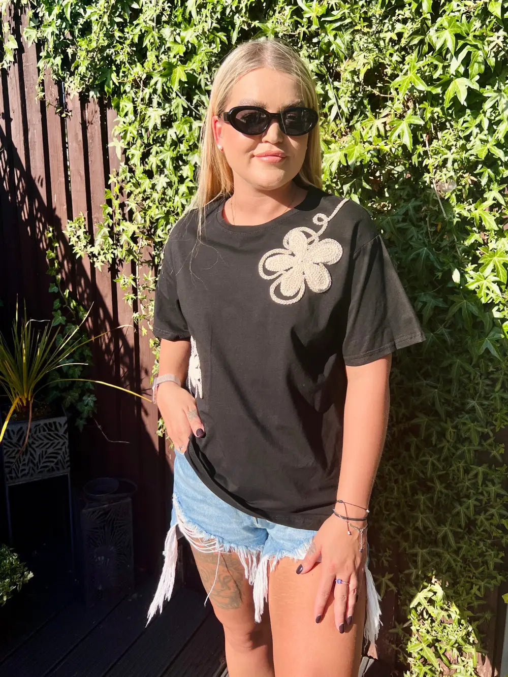 Tia Embroidered Flower T-Shirt BLACK