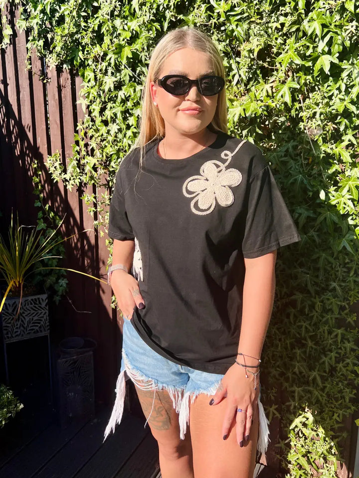 Tia Embroidered Flower T-Shirt BLACK