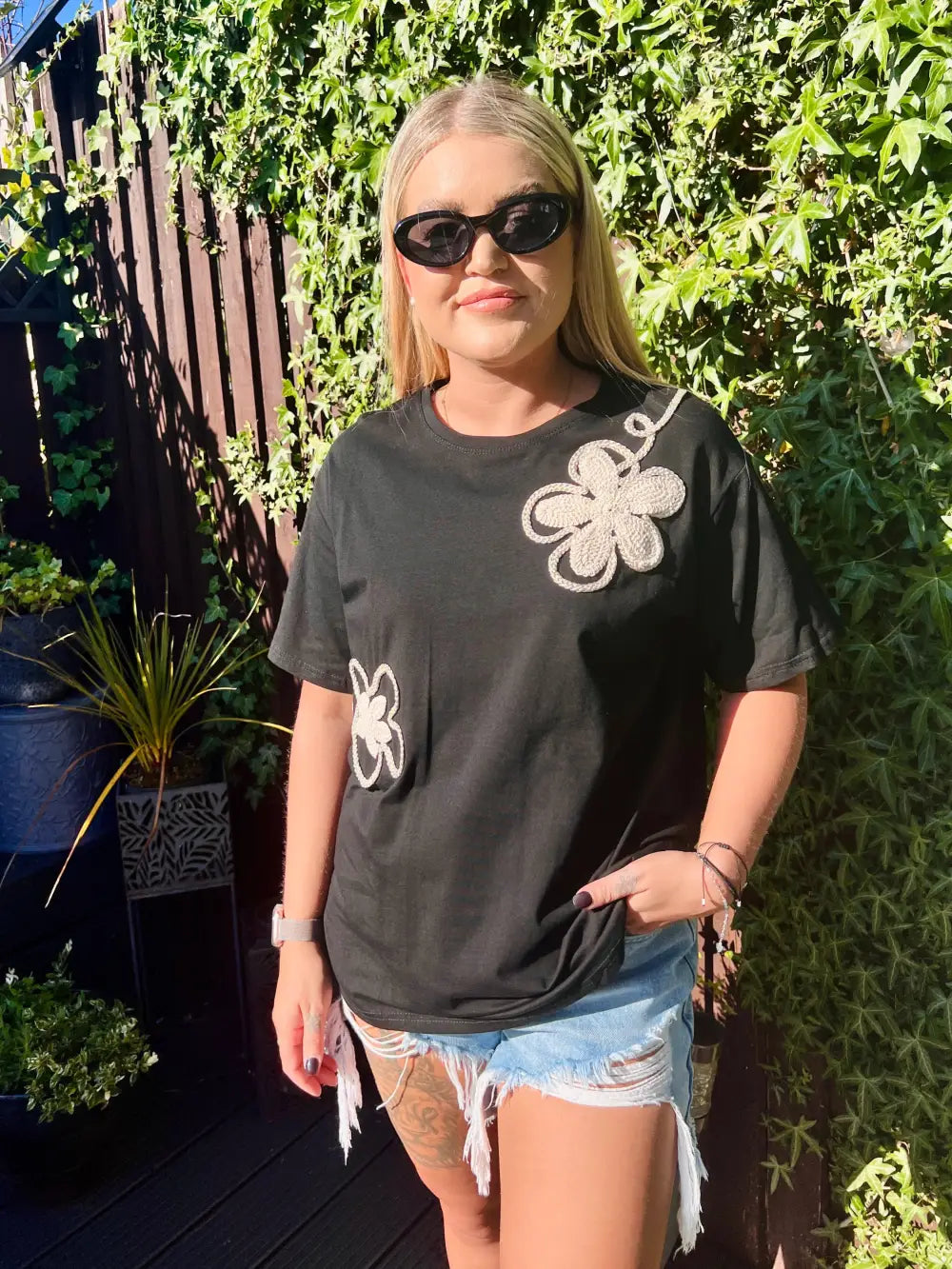 Tia Embroidered Flower T-Shirt BLACK