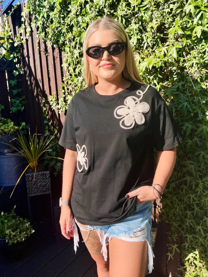 Tia Embroidered Flower T-Shirt BLACK
