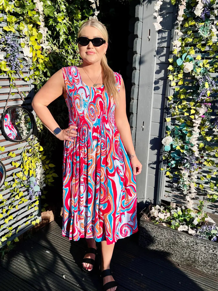 Tiana Swirl Midi Dress FUSCHIA/ORANGE