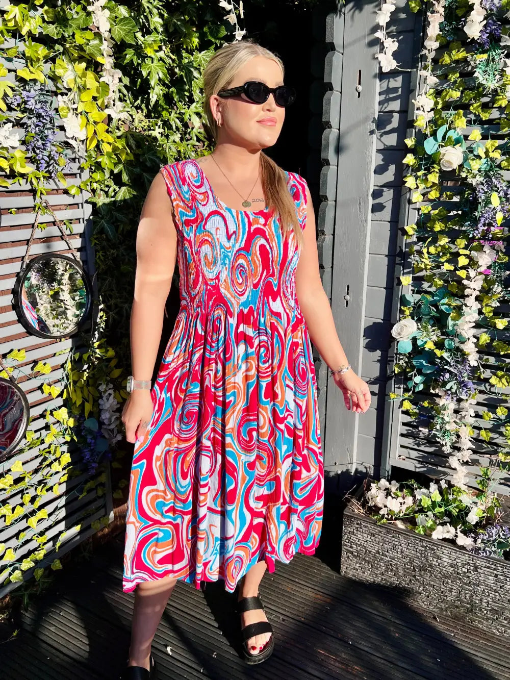 Tiana Swirl Midi Dress FUSCHIA/ORANGE
