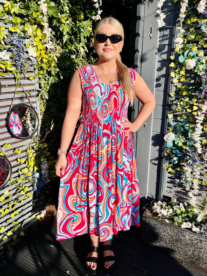 Tiana Swirl Midi Dress FUSCHIA/ORANGE