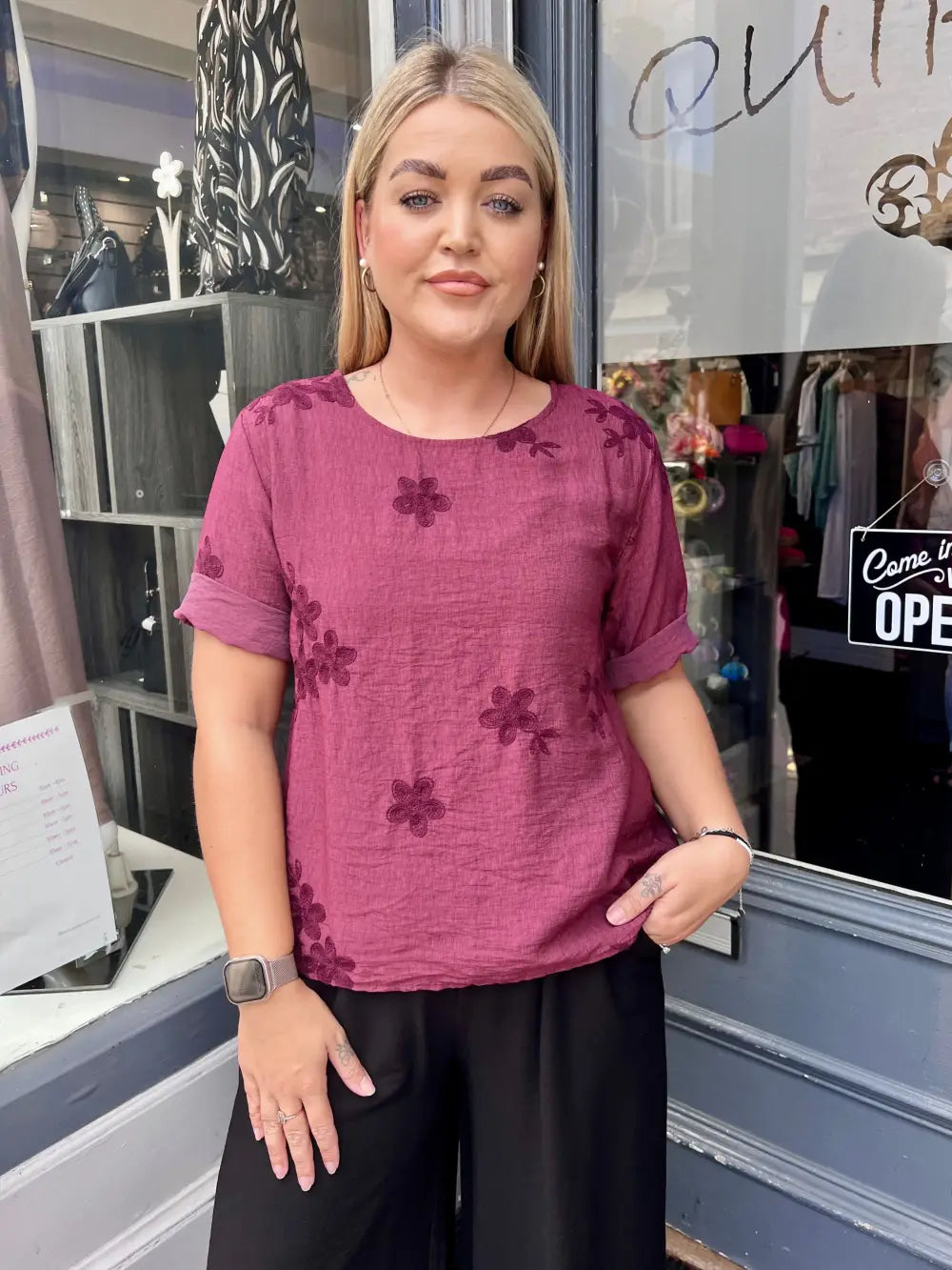 Tiffany Floral Embroidered Top WINE