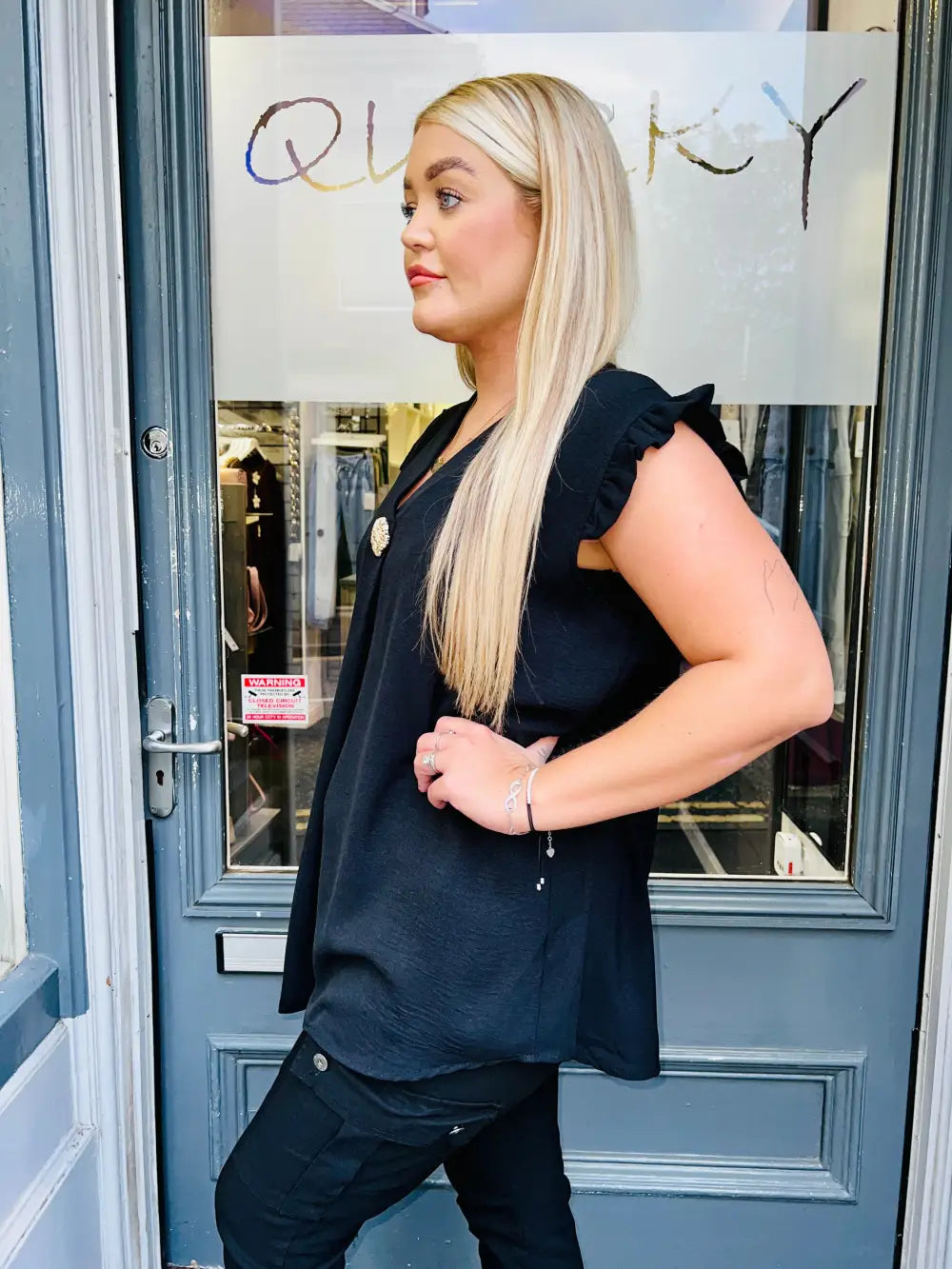 Tillie Brooch Design Sleeveless Frill Top BLACK
