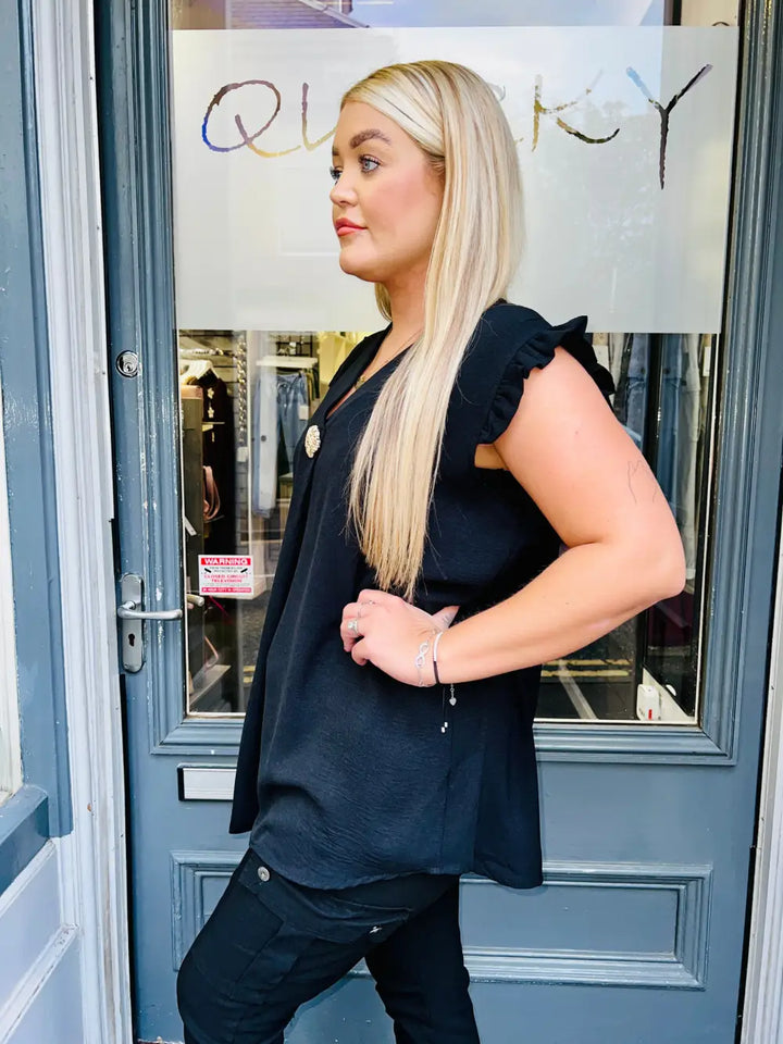 Tillie Brooch Design Sleeveless Frill Top BLACK