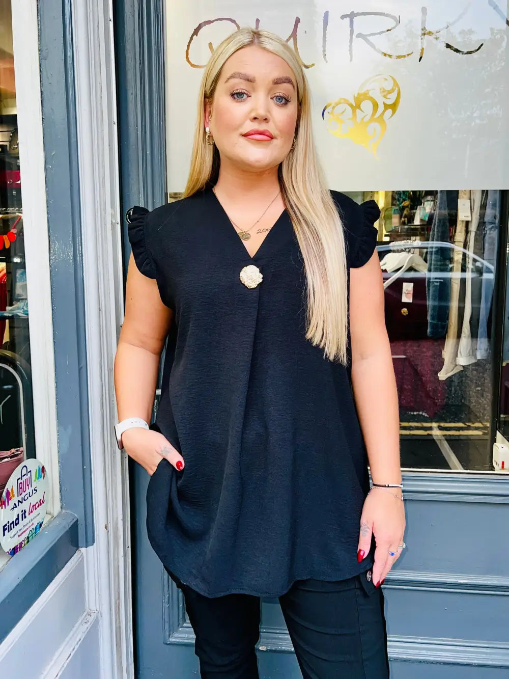 Tillie Brooch Design Sleeveless Frill Top BLACK