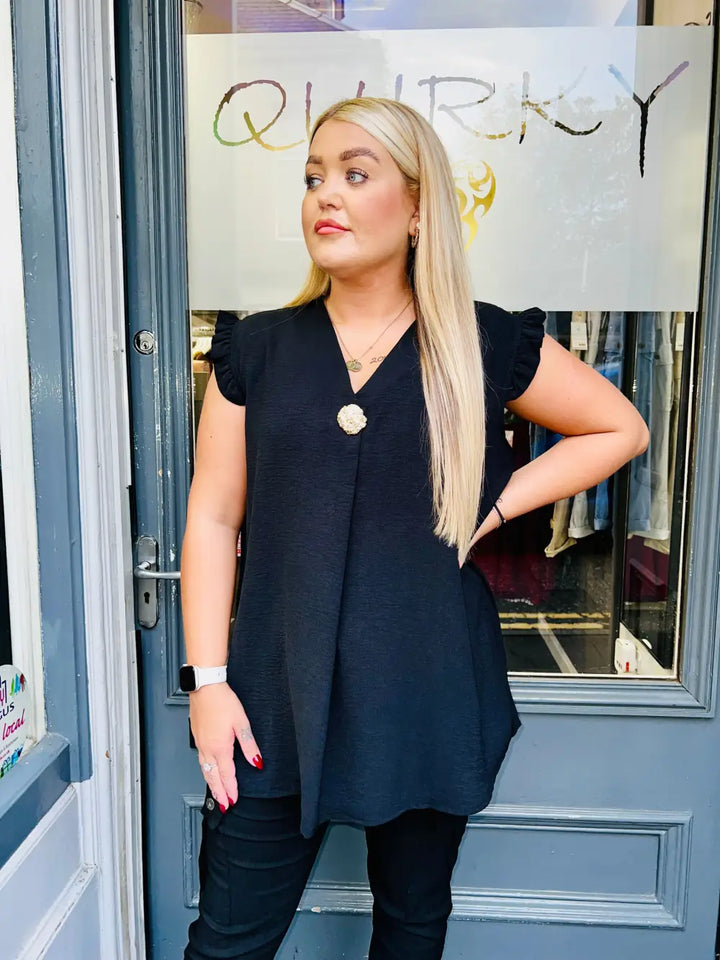 Tillie Brooch Design Sleeveless Frill Top BLACK