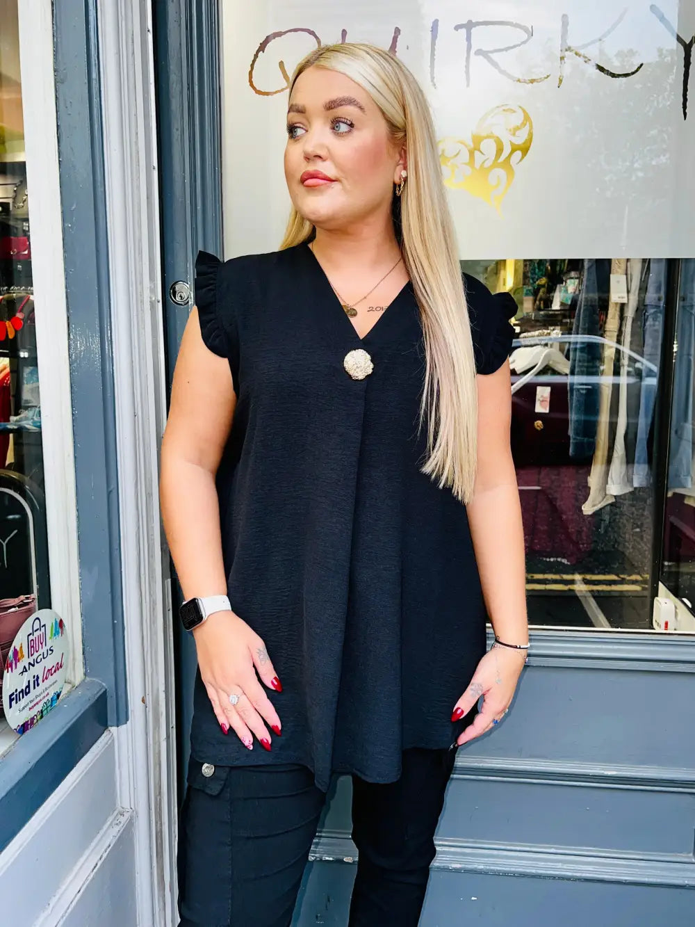 Tillie Brooch Design Sleeveless Frill Top BLACK