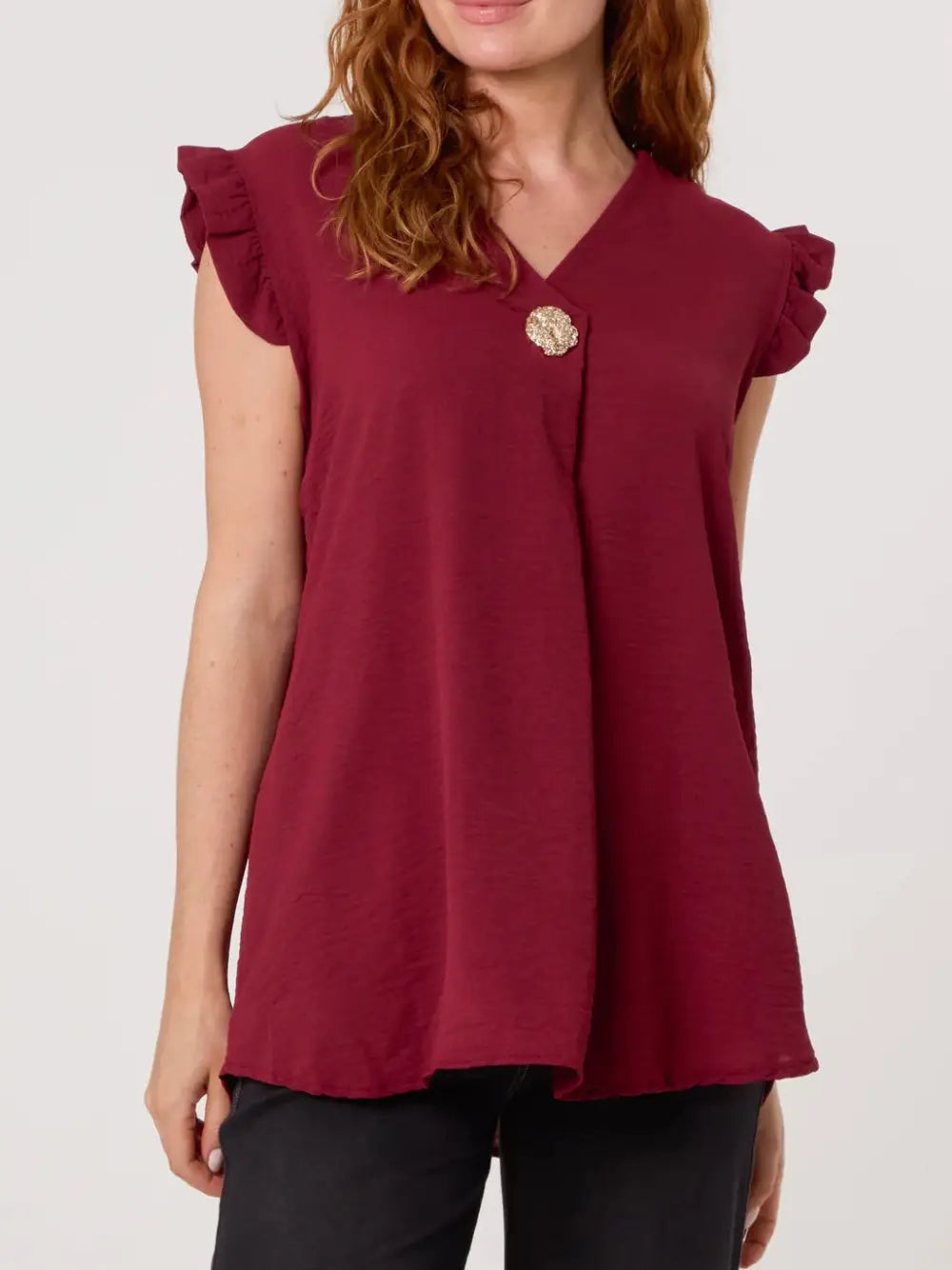 Tillie Brooch Design Sleeveless Frill Top CLARET