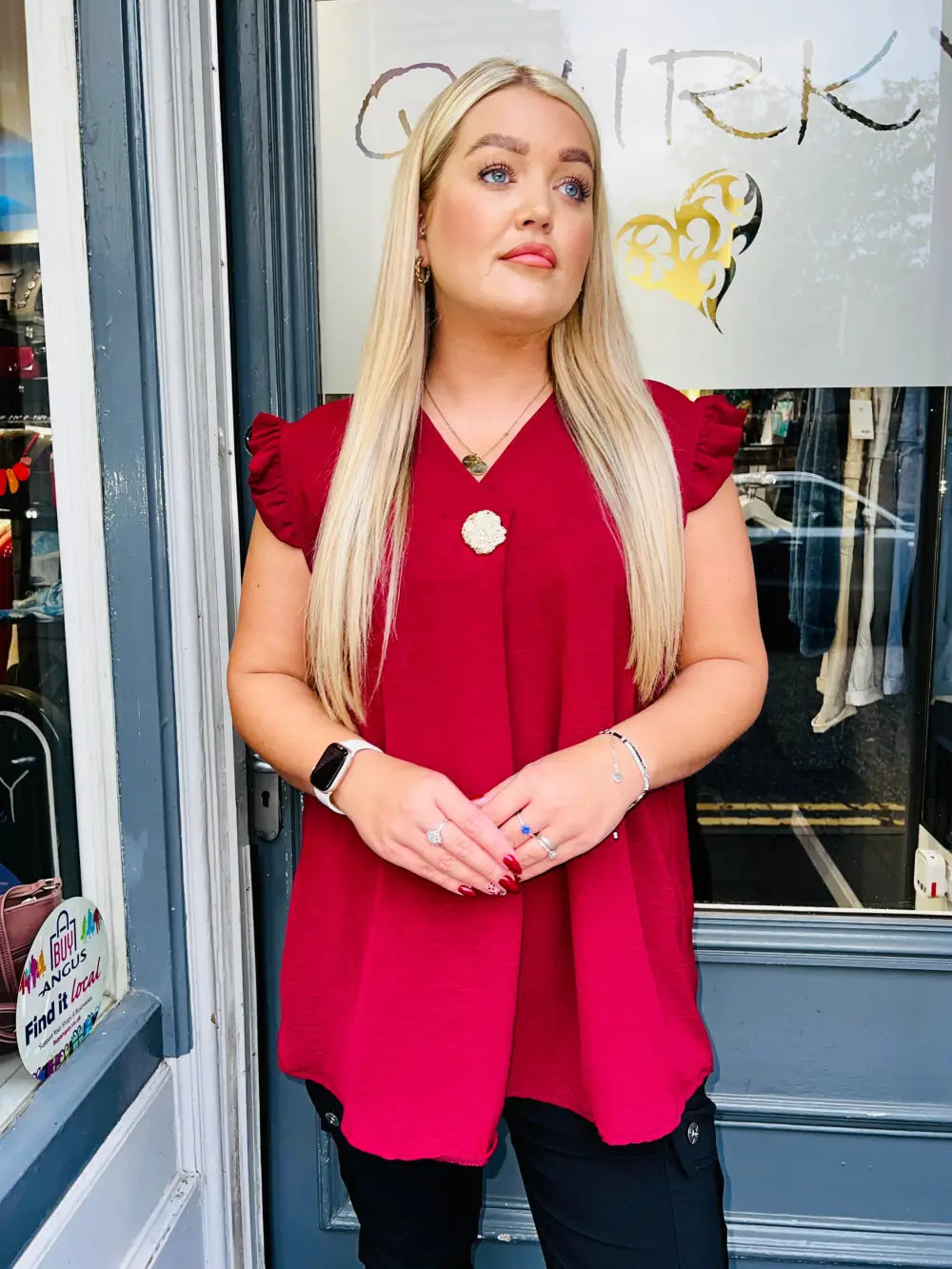Tillie Brooch Design Sleeveless Frill Top CLARET
