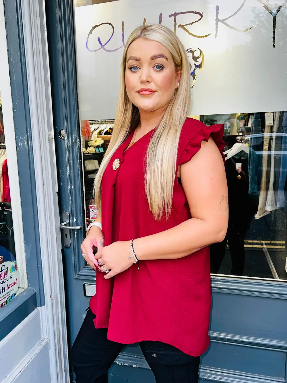 Tillie Brooch Design Sleeveless Frill Top CLARET