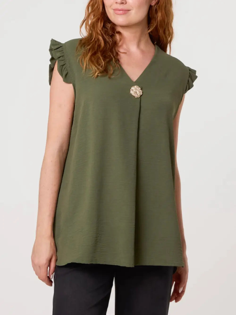 Tillie Brooch Design Sleeveless Frill Top KHAKI