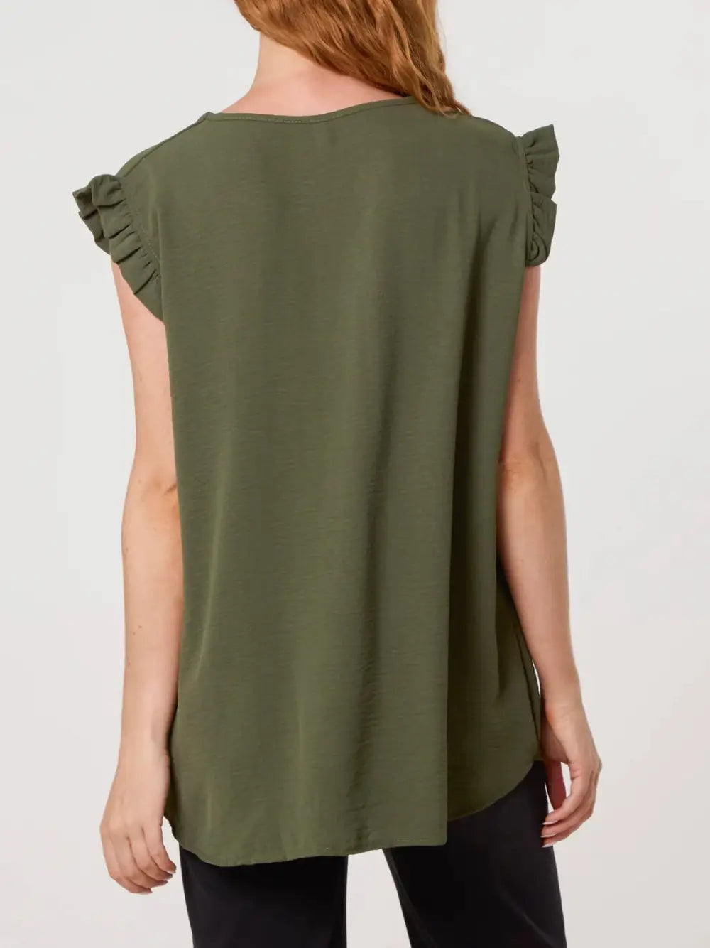 Tillie Brooch Design Sleeveless Frill Top KHAKI
