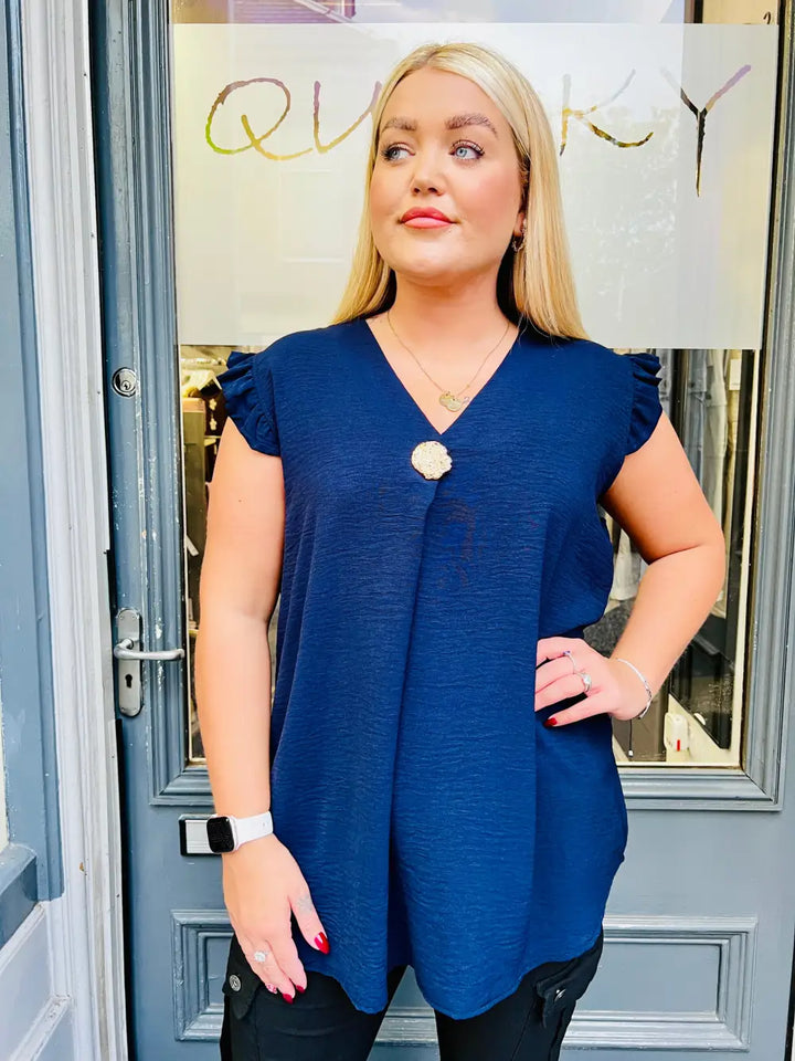 Tillie Brooch Design Sleeveless Frill Top NAVY