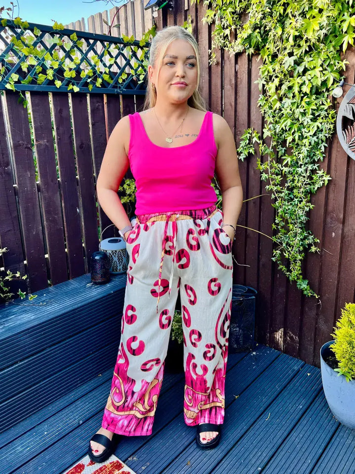 Paisley Printed Wide Leg Trousers CERISE