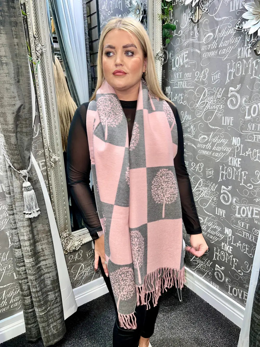 Tree Scarf Squares Cashmere Mix PALE PINK