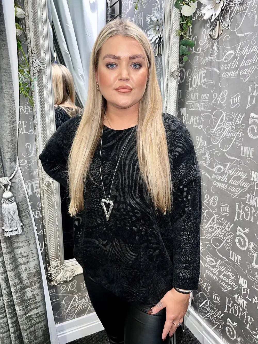 Velour Textured Embossed Top - BLACK - Tops