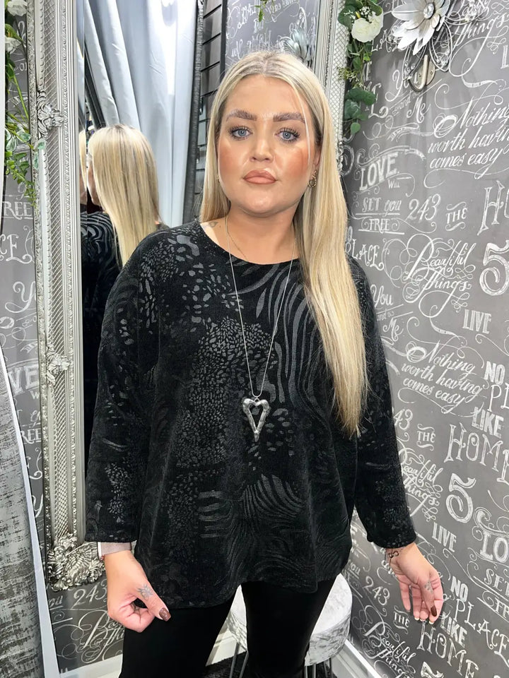 Velour Textured Embossed Top - BLACK - Tops