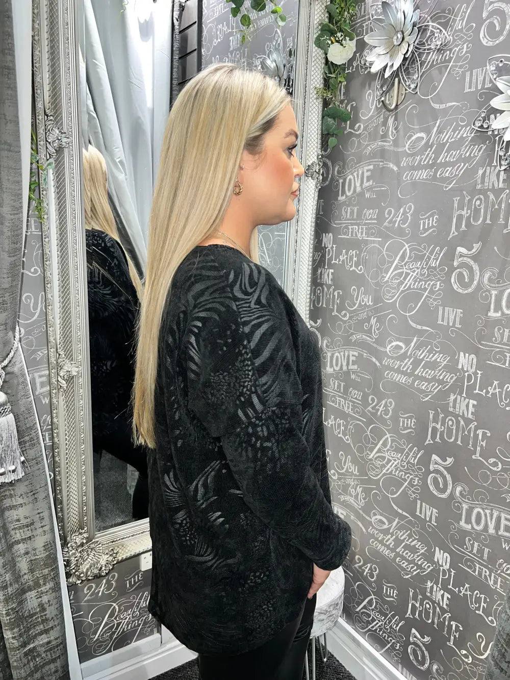 Velour Textured Embossed Top - BLACK - Tops