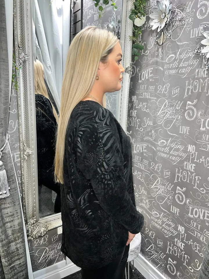 Velour Textured Embossed Top - BLACK - Tops