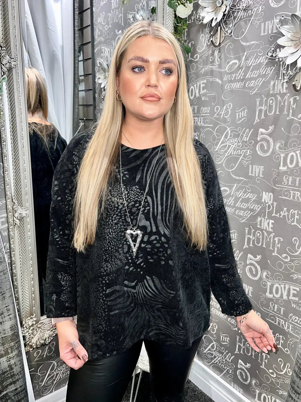 Velour Textured Embossed Top - BLACK - Tops