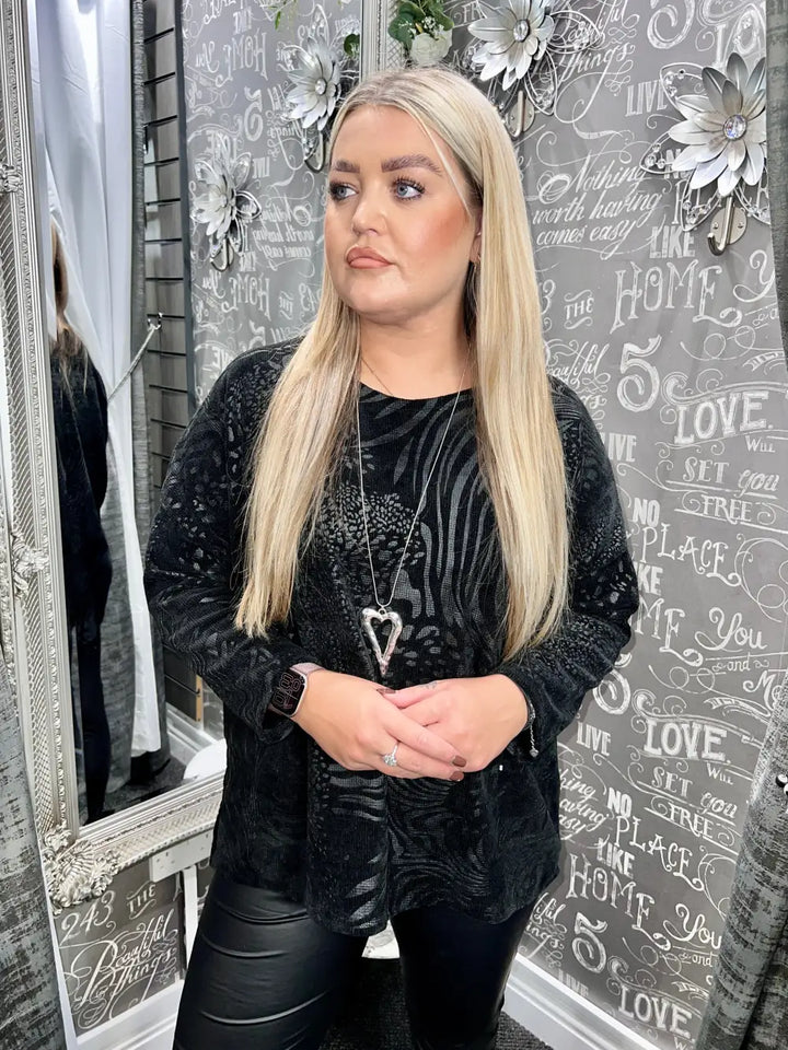 Velour Textured Embossed Top - BLACK - Tops