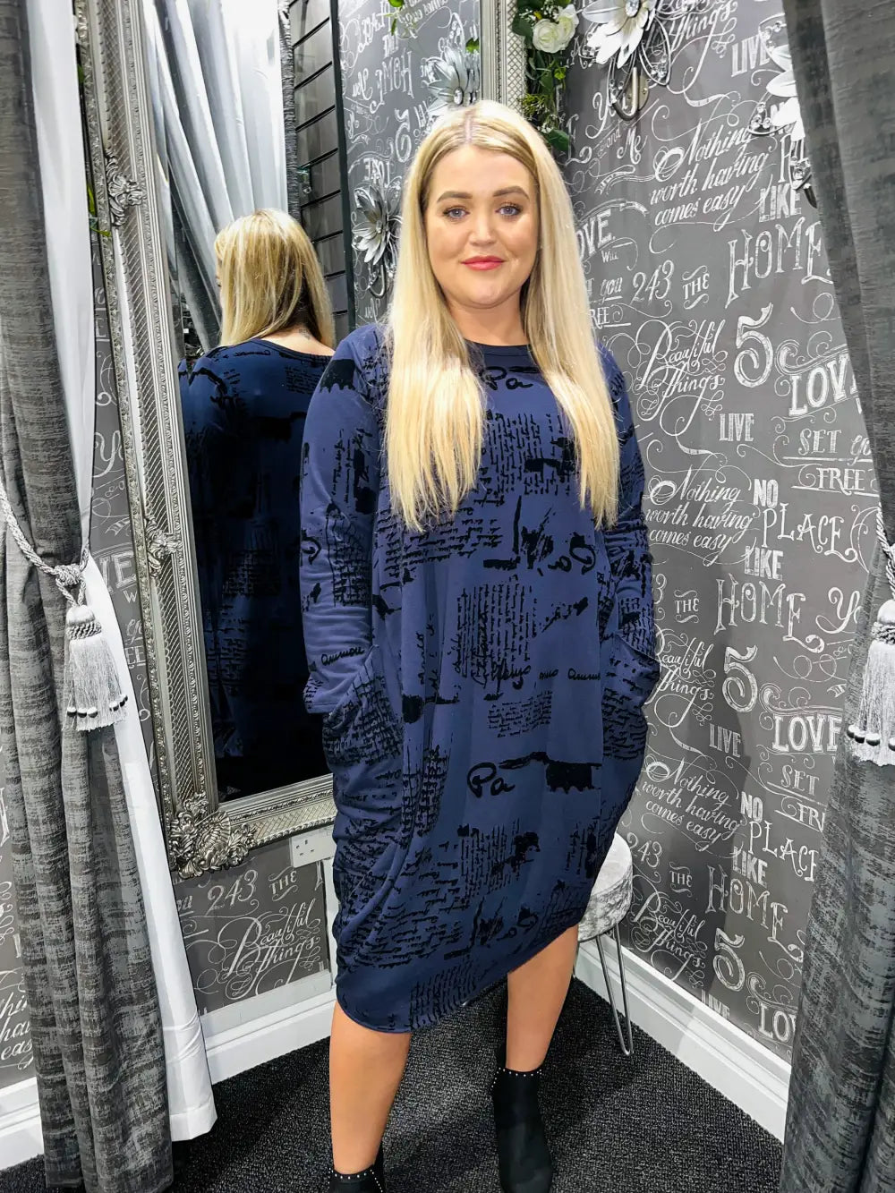 Velvet Embossed Cocoon Dress NAVY - Dress